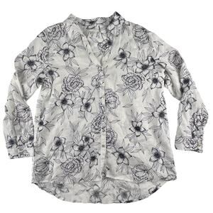 LIV | Rachel Zoe Plus Size 2X 100% Linen White Navy Blue Floral Button Up Shirt